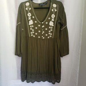 Ananda's Collection Boho Peasant Mini Shirt Dress Green Women's Size M * FLAW